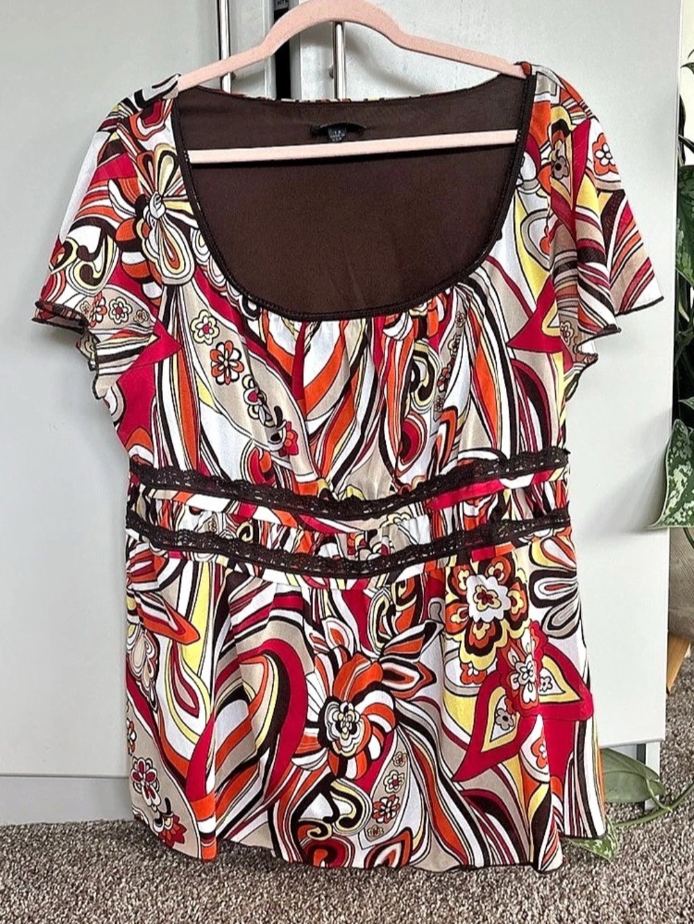 AB Studio Abstract Floral Blouse in Red & Brown Size 1X Like New